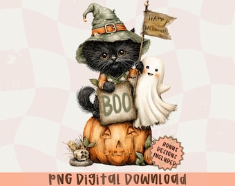 Halloween Cute Boho Black Cat Pumpkin Png,Halloween Cat Png,Vintage Black Cat,Rustic Pumpkin Png,Halloween Boho Fall Png,Trending Halloween