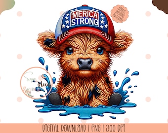 July 4th Highland Cow PNG, Merica Funny Cute Baby Cow Fourth Of July Sublimation Design, Trendy America USA Popular PNG, Digital Download