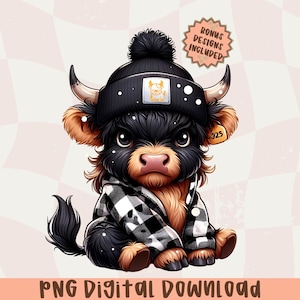 Cute Highland Cow PNG, Kawaii Cow Clipart,Beanie Hat, Farm Animal Art,Adorable Baby Cow Stickers, Farmhouse Decor, Digital Download,Cow DTG