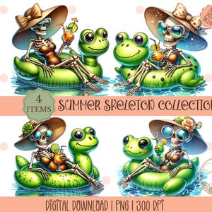 May include: Four digital illustrations of skeletons in summer outfits, each riding a green inflatable frog on a blue background. The skeletons are wearing sunglasses, hats, and bathing suits. The text "4 ITEMS SUMMER SKELETON COLLECTION" is at the top of the image. The text "DIGITAL DOWNLOAD | PNG | 300 DPI" is at the bottom of the image.