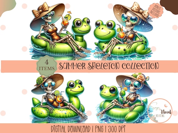 Funny Skeleton Shirt Design, Retro Frog Png,Summer Skeleton Sublimation Beach Skeleton Clipart,Spooky Summer Png,Skeleton Pool Floaty Png