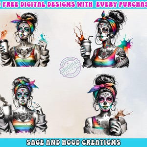 Regenbogen Zuckerschädel Frau Kunst, Tag des Toten Kaffee Liebhaber Png, Dia de los Muertos Digital Download, Gothic Pride Wanddekor, Boho Halloween