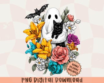 Retro-Halloween-Geist und Katze Png, Preppy Blumen-Halloween-Png, gruselige Geist Png, schwarze Katze Png, niedlich gruselige Png, Retro-Geist PNG, Vintage-Geist