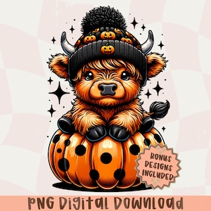 Cute Highland Cow Halloween Png,Pumpkin png,Spooky Season,Cute Cow Clipart,Halloween Sticker,Halloween Lovers Png,Kids Halloween Clipart image 1