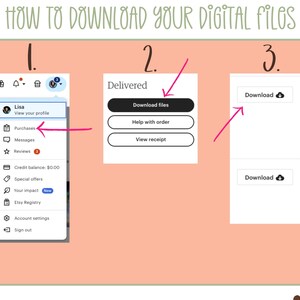 May include: A three-step guide on how to download digital files from Etsy. The first step shows a screenshot of the Etsy app with the Purchases option highlighted. The second step shows a button that says "Download files". The third step shows a button that says "Download" with a cloud icon.