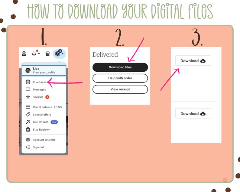 May include: A three-step guide on how to download digital files from Etsy. The first step shows a screenshot of the Etsy app with the Purchases option highlighted. The second step shows a button that says "Download files". The third step shows a button that says "Download" with a cloud icon.