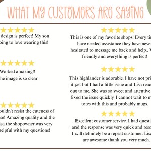 May include: A graphic displaying customer reviews with five-star ratings. Text includes phrases such as "The design is perfect!" and "Excellent customer service." The reviews praise the shop and its products.