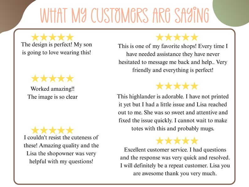 May include: A graphic displaying customer reviews with five-star ratings. Text includes phrases such as "The design is perfect!" and "Excellent customer service." The reviews praise the shop and its products.
