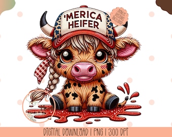 July 4th Highland Cow PNG,Merica Heifer Funny Cute Baby Cow Fourth Of July Sublimation Design,Trendy America USA Popular PNG,4th of July Png
