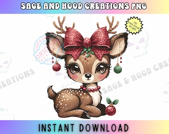 Glitter Christmas Reindeer Png,Girl Reindeer Christmas Png,Coquette Bow,Rudolph Png, Glitter Ornament Digital Deisgn,Christmas Sublimation