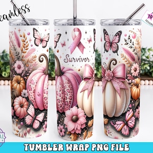 Pink Pumpkin Ribbon Awareness Breast Cancer Survivor Tumbler Wrap 20 oz Skinny Tumbler Sublimation Design Digital Download PNG Instant