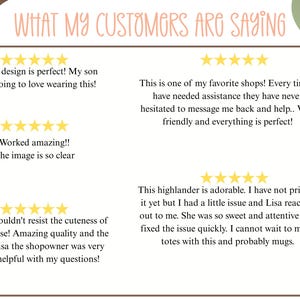 May include: A graphic with customer testimonials and star ratings. The text reads "WHAT MY CUSTOMERS ARE SAYING" in a handwritten style. Testimonials praise design, quality, and customer service.