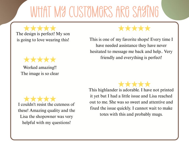 May include: A graphic with customer testimonials and star ratings. The text reads "WHAT MY CUSTOMERS ARE SAYING" in a handwritten style. Testimonials praise design, quality, and customer service.