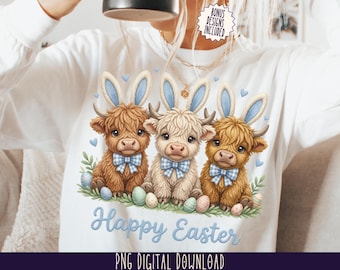 Easter Bunny Highland Cow PNG,Spring Clipart, Happy Easter Sublimation Design, Digital Download