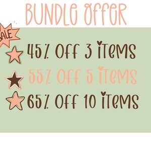 May include: A green and white rectangle with the text "BUNDLO OFFOR" at the top. The text "SALE" is in a red star shape. The text "45% Off 3 ITEMS", "55% Off 5 ITEMS", and "65% Off 10 ITEMS" are listed below.