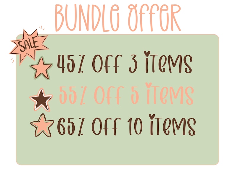 May include: A green and white rectangle with the text "BUNDLO OFFOR" at the top. The text "SALE" is in a red star shape. The text "45% Off 3 ITEMS", "55% Off 5 ITEMS", and "65% Off 10 ITEMS" are listed below.