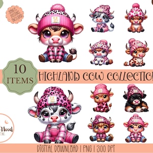 Linda vaca de las tierras altas PNG, clipart de vaca kawaii, gorro rosa, arte de animales de granja, adorable vaca bebé sublimación, decoración de granja, descarga digital