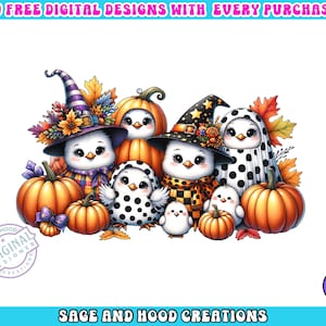 Cute Halloween Chickens PNG, Fall Pumpkins, Witch Hat Clipart,Spooky Autumn Decor, Digital Download, Halloween Sublimation Design