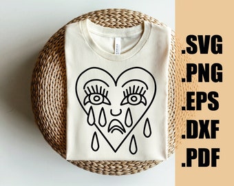 crying heart sticker SVG, crying sad sticker SVG, Emotion Face Silhouette, tattoo heart, crying eye