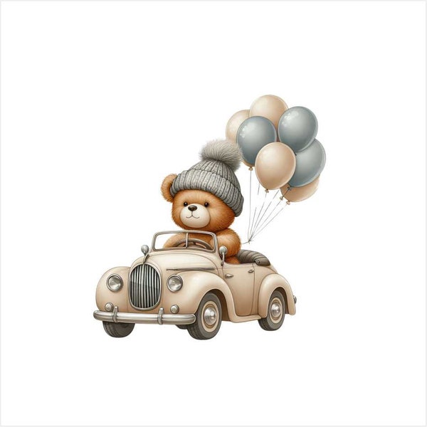 Bügelbild / Bügel-Transfer -  Bär im Auto mit Luftballons