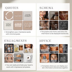 May include: A promotional image with four sections: Quotes, Schema, Engagements, and Advice. Each section contains multiple square images with text and graphics related to skincare. The image includes text such as "Happy skin is" and "Clear skin, clear mind, clear life."