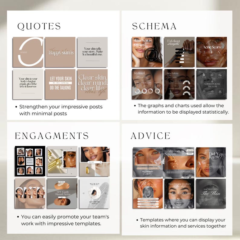 May include: A promotional image with four sections: Quotes, Schema, Engagements, and Advice. Each section contains multiple square images with text and graphics related to skincare. The image includes text such as "Happy skin is" and "Clear skin, clear mind, clear life."