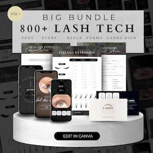 Könnte beinhalten: Ein digitales Marketing-Kit für Wimperntechniker. Das Kit enthält über 800 Vorlagen für Social-Media-Posts, Stories, Reels, Formulare, Karten und Schilder. Das Kit soll Wimperntechniker dabei unterstützen, ihr Geschäft auszubauen und neue Kunden zu gewinnen. Das Kit ist in Canva bearbeitbar.