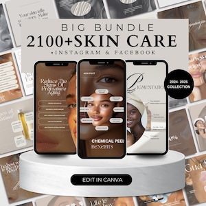 Könnte beinhalten: Eine Collage aus Bildern, die ein Bundle mit über 2100 Instagram- und Facebook-Posts zum Thema Hautpflege bewerben. Die Bilder zeigen Models mit unterschiedlichen Hauttönen und heben Themen wie die Reduzierung von Anzeichen vorzeitiger Hautalterung, die Vorteile von chemischen Peelings und Pigmentierung hervor. Der Text "BIG BUNDLE 2100+ SKIN CARE • INSTAGRAM & FACEBOOK" ist in großen, fetten Buchstaben oben auf der Collage dargestellt.