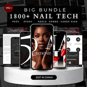 May include: A digital marketing bundle for nail technicians. The bundle includes over 1800 templates for social media posts, stories, reels, forms, cards, and signs. The bundle is available for editing in Canva. The image features a woman with dark skin and red nails.
