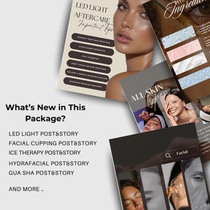 May include: A collection of promotional materials for skincare treatments. The image features several brochures and flyers with text about LED light aftercare, facial treatments, and skin types. The color palette includes beige, brown, and white.