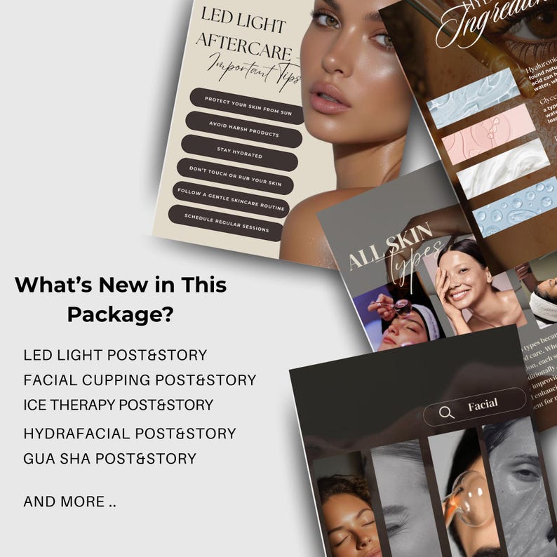 May include: A collection of promotional materials for skincare treatments. The image features several brochures and flyers with text about LED light aftercare, facial treatments, and skin types. The color palette includes beige, brown, and white.
