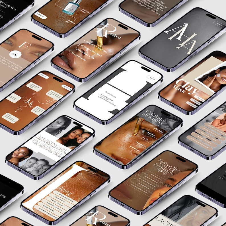 May include: A collection of smartphones displaying skincare product information. The screens feature text and images related to retinol, clay masks, and other beauty treatments. The phones are arranged on a white surface.