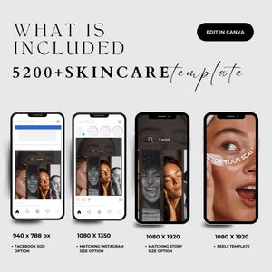 May include: A digital marketing template for skincare products. The image shows four smartphones displaying skincare content, with the text "WHAT IS INCLUDED" and "5200+SKINCARE template". The template includes Facebook, Instagram, and Reels options.