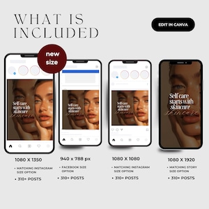 May include: Image displays four smartphones showcasing social media templates. Each phone features a woman's face with the text "Self care starts with skincare." The sizes are 1080 x 1350, 940 x 788 px, 1080 x 1080, and 1080 x 1920, with matching Instagram and Facebook options.
