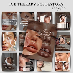 May include: A collection of social media templates for ice therapy, featuring close-up images of faces with text overlays. The templates include information on facial cupping, FAQs, and skincare benefits. The color palette is neutral with a focus on skin health.