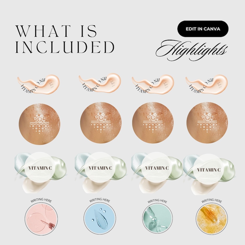 May include: A graphic showcasing skincare product highlights. The image includes text that reads "WHAT IS INCLUDED" and "Highlights". There are illustrations of skincare products, including Vitamin C capsules and product samples.