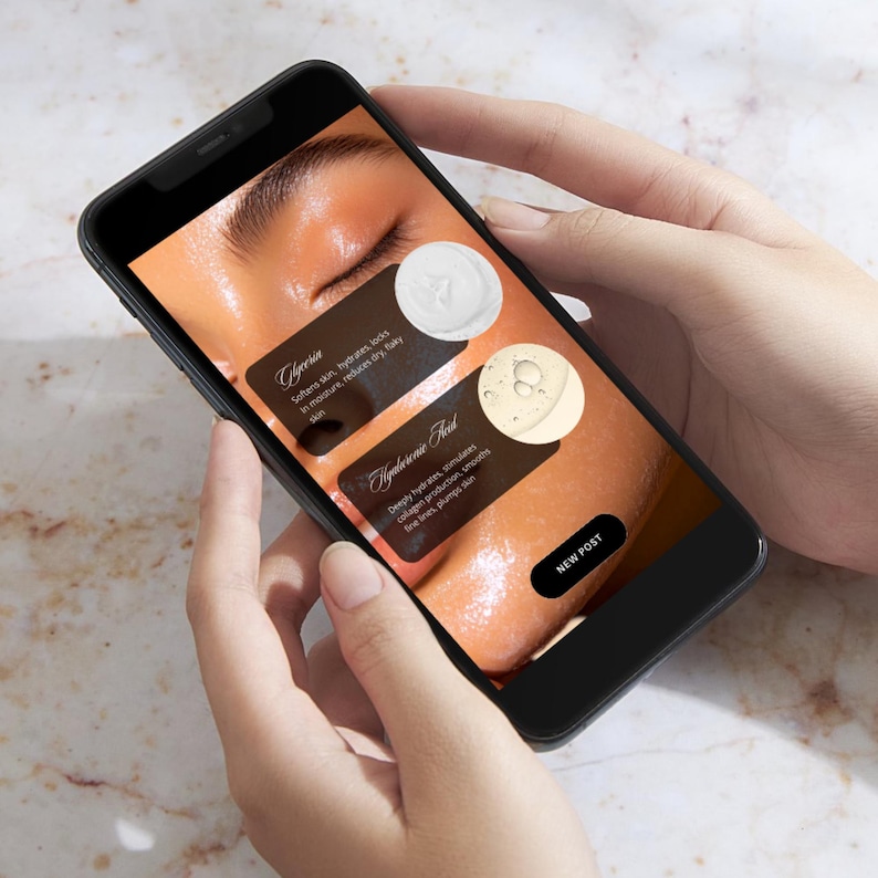 May include: A smartphone displays a skincare advertisement. The screen shows a close-up of a person's face with text labels for Glycerin and Hyaluronic Acid, along with the words "NEW POST". The phone is held by two hands.