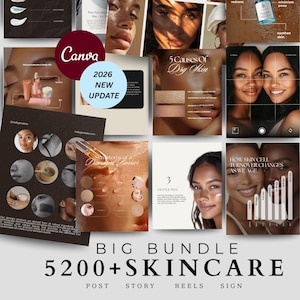 May include: A collage of skincare-related graphics and images. The central text reads "BIG BUNDLE 5200+ SKINCARE" with additional text for "POST, STORY, REELS, SIGN". The image includes graphics about skin conditions and skincare routines.