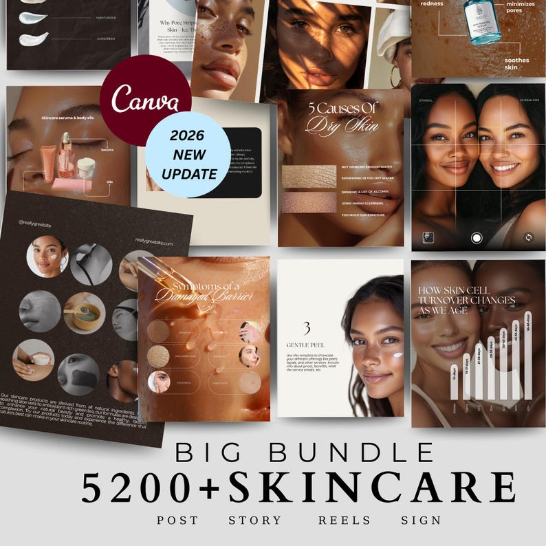 May include: A collage of skincare-related graphics and images. The central text reads "BIG BUNDLE 5200+ SKINCARE" with additional text for "POST, STORY, REELS, SIGN". The image includes graphics about skin conditions and skincare routines.