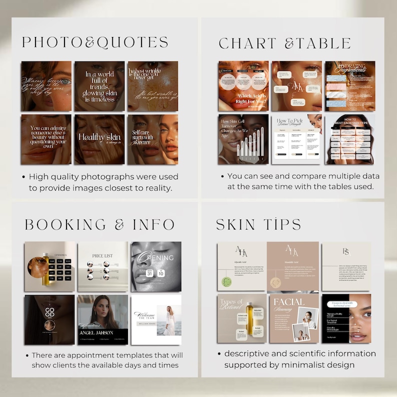 May include: A digital marketing graphic with the text "PHOTO & QUOTES", "CHART & TABLE", "BOOKING & INFO", and "SKIN TIPS". The graphic includes images of skincare products and quotes about skincare.