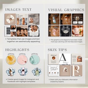 May include: A promotional image with text and graphics for social media. The image is divided into four sections: Images Text, Visual Graphics, Highlights, and Skin Tips. The image includes text such as "Templates that use images and text together are aesthetically appealing."