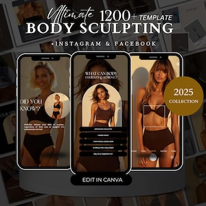Può includere: Immagine promozionale per modelli di body sculpting. L'immagine presenta tre schermi di smartphone che mostrano informazioni sul body contouring. Il testo include "Ultimate 1200+ Template Body Sculpting" e "Instagram & Facebook".