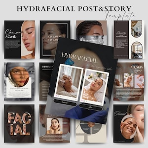 May include: A collection of social media templates for a Hydrafacial service. The templates feature images of women, text, and graphics. The color scheme is primarily black, white, and brown. The text includes phrases like "Cleanser A Gentle", "Giveaway", and "Hydrafacial".