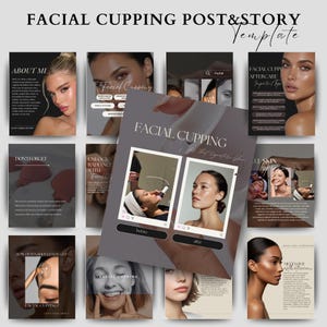 May include: A collection of social media templates for facial cupping, featuring images of women and text. The templates include before and after photos, tips, and information about the procedure. The color scheme is neutral with a focus on skincare.