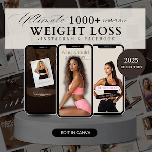 Può includere: Immagine promozionale con tre smartphone che mostrano modelli per la perdita di peso per Instagram e Facebook. Il testo include "Ultimate 1000+ Template Weight Loss" e "Edit in Canva". Gli schermi mostrano contenuti relativi al fitness.