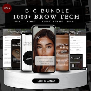 May include: A digital marketing kit for brow technicians. The kit includes 1000+ social media posts, stories, reels, forms, and a sign. The kit is designed to help brow technicians grow their business and attract new clients. The kit is available for editing in Canva.