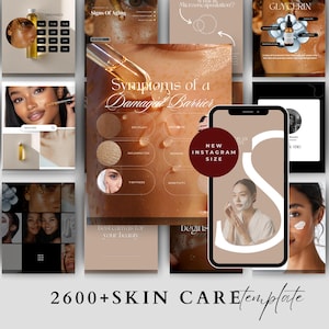 Könnte beinhalten: Eine Sammlung von Instagram-Vorlagen zum Thema Hautpflege. Die Vorlagen zeigen Bilder von Haut, Produktflaschen und Text über Hautprobleme und Inhaltsstoffe. Der Text enthält "Symptoms of a Damaged Barrier" und "2600+ SKIN CARE template."