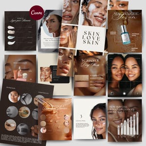 May include: A collage of skincare product advertisements and educational graphics. The images feature diverse models, product shots, and text like "Skin Love Skin" and "Niacinamide Serum." The color palette includes browns, creams, and hints of blue.