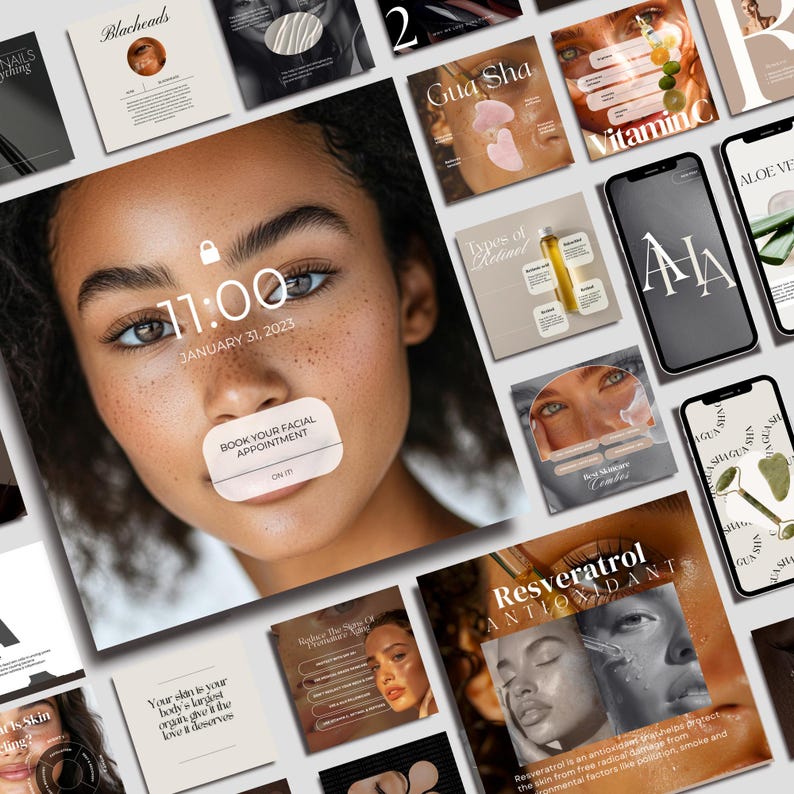 May include: A collage of skincare product advertisements and promotional materials. The central image is a woman's face with the time 11:00 and date January 31, 2023, displayed on the screen. Text includes "Book Your Facial Appointment".