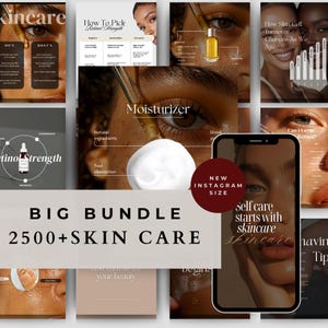 May include: A collage of skincare product images and informational graphics. The central image features a close-up of an eye with a moisturizer application. Text includes "BIG BUNDLE 2500+ SKIN CARE" and "self care starts with skincare".